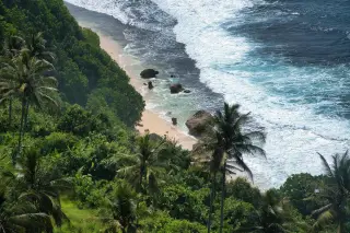 Ilustrasi: Pemandangan pantai tropis berpasir putih dan laut berombak dari atas tebing berpepohonan rimbun.