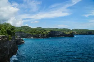 Ilustrasi: Tebing karang hijau di tepi laut biru berombak di bawah langit cerah berawan.