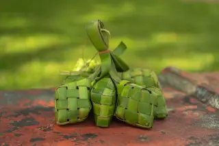 Ilustrasi: Seikat ketupat hijau dari anyaman janur diletakkan di atas permukaan luar ruangan.