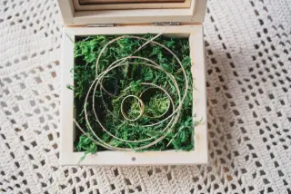 Ilustrasi: Dua cincin emas di dalam kotak kayu beralas lumut hijau di atas taplak rajut.
