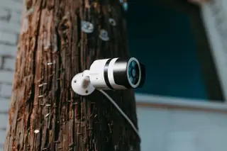 Ilustrasi: Kamera CCTV terpasang pada tiang kayu di luar ruangan.