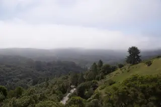 Ilustrasi: Pemandangan perbukitan hijau dengan jalan berkelok di bawah kabut tipis dan awan rendah.