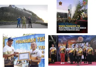 Empat foto PRIMA Trail Run 2026 di Pantai Pandawa, Desa Kutuh, Kecamatan Kuta Selatan, Badung, Sabtu (10/10/2026). Kiri atas: Pangdam IX/Udayana Mayjen TNI Piek…