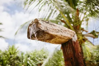 Ilustrasi: Pancuran air dari batang kayu dengan latar pepohonan tropis dan langit cerah.
