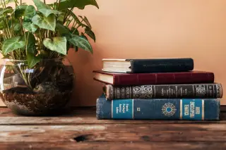 Ilustrasi: Tumpukan buku tebal di sebelah tanaman hias dalam vas kaca di atas meja kayu.