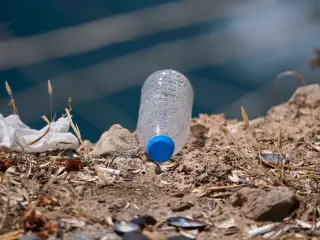 Ilustrasi: Sebuah botol plastik bekas tergeletak di tepi tanah berbatu dekat perairan.