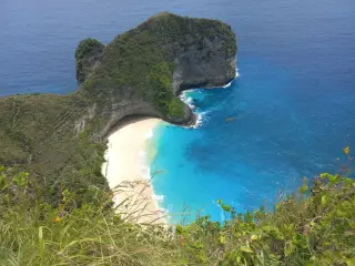 Ilustrasi: Pemandangan tebing ikonik dan pantai berpasir putih Pantai Kelingking dari ketinggian.